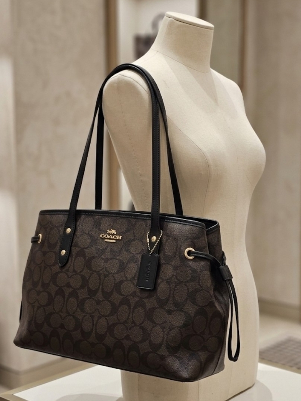 Coach Signature Drawstring Carryall in the brown/black (mahogany)